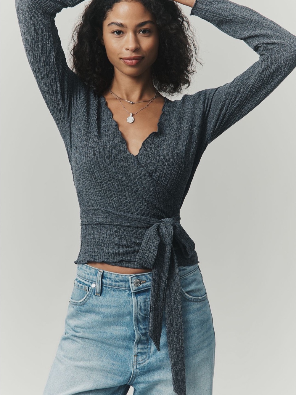 Anthropologie Pilcro textured Wrap-Front knit Top in Charcoal